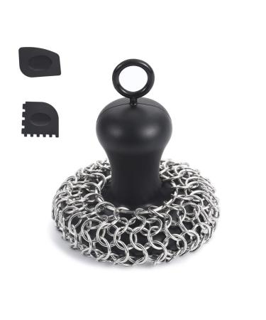 Crcyphne Cast Iron Chainmail Scrubber + Pan Stainless Steel Skillet Cleaner Scraper Tool for Cast Iron Pans Black