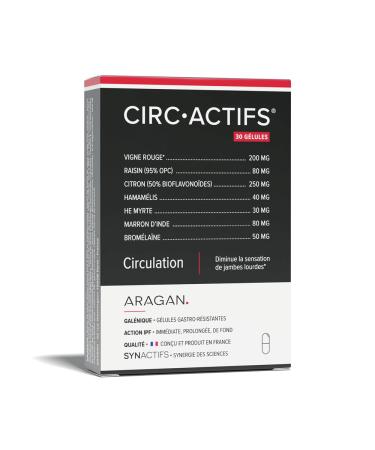 ARAGAN - Synactives - Circactifs - Food Supplement Circulation, Heavy Legs - Red Vine, Grape, Lemon, Selenium, Essential Oil - 30 capsules - 15 days taken - Made in France