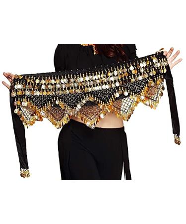 Belly Dance Hip Scarf for Women S/M/L/XL Black Gold Large-X-Large