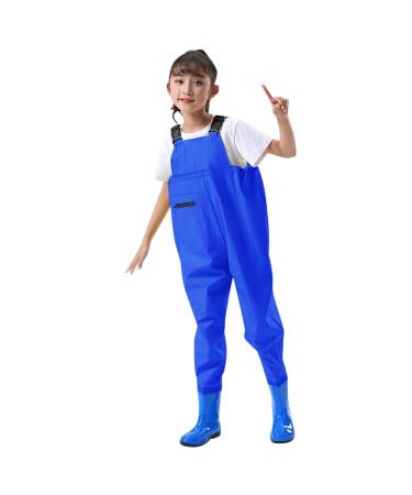 Wathose for boys and girls - waders for children waterproof rain pants with boots junior braces mashed pants rain boots non -slip sole rubber boots for young people for 2-15 years and blue 34