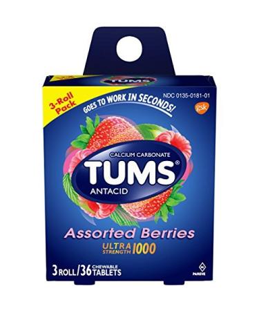 TUMS Ultra Strength Assorted Berries Antacid Chewable Tablets for Heartburn Relief 3 rolls of 12ct 36 Count (Pack of 1)