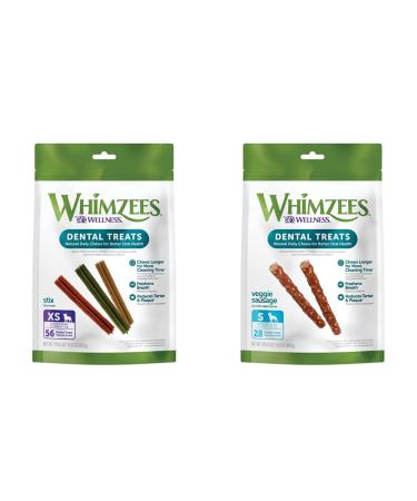 Whimzees Natural Grain Free Daily Dental Long Lasting Dog Treats | Stix (Extra Small Bag of 56) + Veggie Sausage (Small Bag of 28)