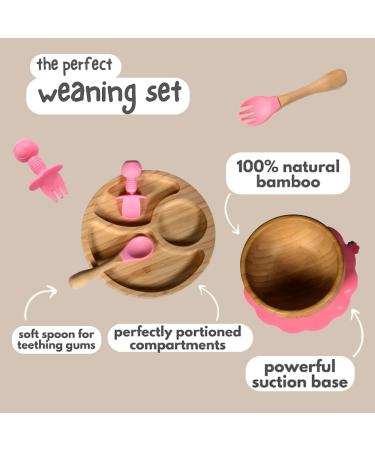 77 Star Bamboo Baby Weaning Set - Pink | Suction Base Bowl, Plate, Spoon & Fork | Non-Slip Bamboo Feeding Set - Buy Online on GoSupps.com