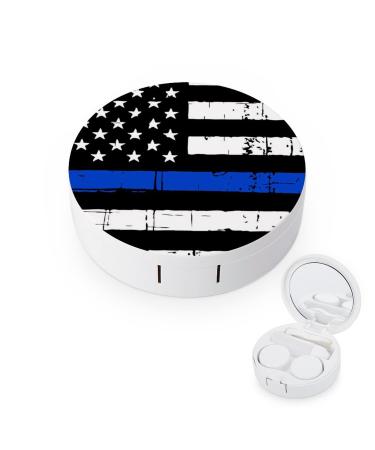 Bagea-Ka American Blue Line USA Police Stars Flag Pattern Contact Lens Case Box Eye Care Kit Holder Mirror Box with Tweezers Remover Tool Solution Bottle for Outdoor Travel & Home