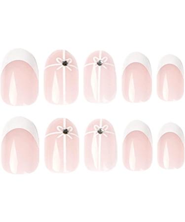 Justotry 24 Pcs Beige Almond Short False Nails French Press on Nails - White Striped Pattern Fake Nails with Nail Glue for Women - Buy Online on GoSupps.com