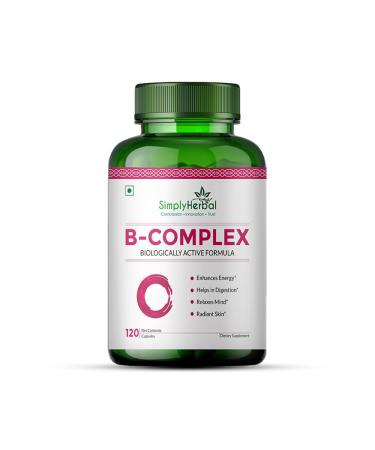 Simply Herbal High Potency B-Complex Vitamins - 120 Vegetarian Capsules with B1 B2 B3 B6 B12 Biotin Pantothenic Acid & Choline for Energy Metabolism & Nervous System Support