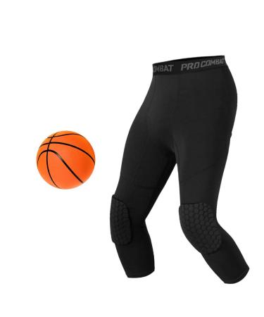 Unlimit Basketball Pants with Knee Pads, Black Knee Pads Compression Pants, 3/4 Capri Leggings Medium