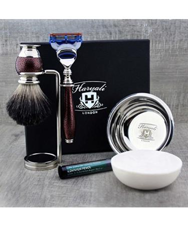 5-piece shaving set for men in Maroon Antique handle Comes with razor and Black Badger hairbrush Perfect gift for men.