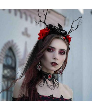 Vakkery Halloween Day of the Dead Headband Black Veil Headbands Mexican Rose Flower Hair Band Gothic Antlers Headdress Halloween Cosplay Costume Hair Accessories for Women - Buy Online on GoSupps.com