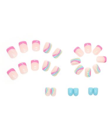 Colorful Waves French Tip Press on Nails - Glossy Blue & Pink Swirl Design | 24Pcs - Buy Online on GoSupps.com