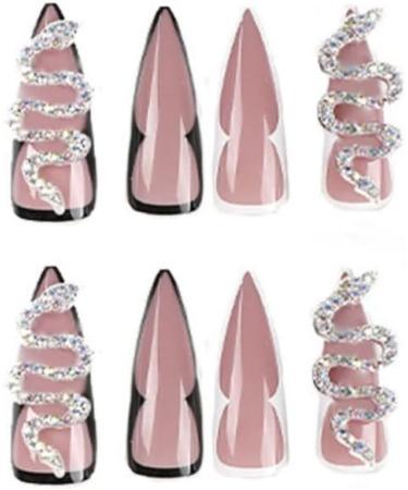 Justotry 24 Pcs 3D Stiletto Fake Nails: Snake White & Black French Press On Almond Nails for Women - Long Glue-On False Nails for Nail Art - Buy Online on GoSupps.com