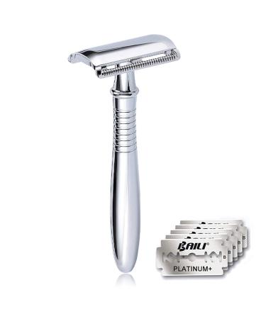 BAILI Classic 3-Piece Metal Double Edge Eco Safety Razor Long Handle Wet Shaving Kit for Men Women with 5 Platinum Blades BD191 Silver