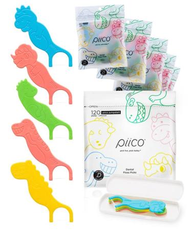 Piico Kids Flossers, Dual Line Unflavored Dental Floss Picks Without Fluoride, Fun & Colorful Designs with Slim Kids Floss & Portable Travel Case, Prevent Tooth Decay & Gum Disease, 120 Count Dino Dino Jumpstart(120ct)