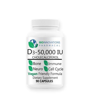 Bio-Innovations Pharmacal Vitamin D3-50 000 IU Cholecalciferol Helps Maintain Healthy Bones & Teeth Bone Density Muscles Cardiovascular Neuromuscular Immune Support Allergy Free 90 Vegan Capsules