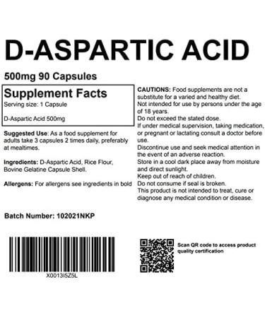 Aspartic Acid DAA 500mg 90 Capsules - Pharmaceutical Grade | UK Made - Buy Online on GoSupps.com