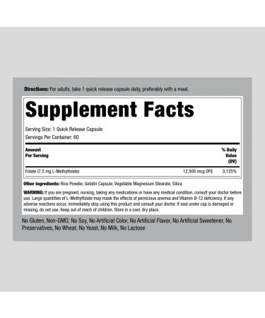 Piping Rock L-Methylfolate 7.5mg | 60 Capsules - Extra Strength Folic Acid Supplement - Buy Online on GoSupps.com