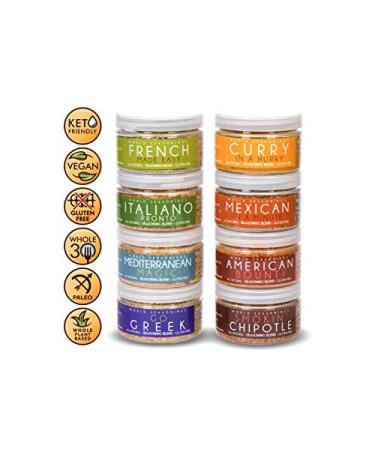 World Seasonings Variety 8 Pack - Greek, Italian, French Fry, Mexican, Chipotle, Curry, Mediterranean, BBQ Dry Rub - Buy Online on GoSupps.com