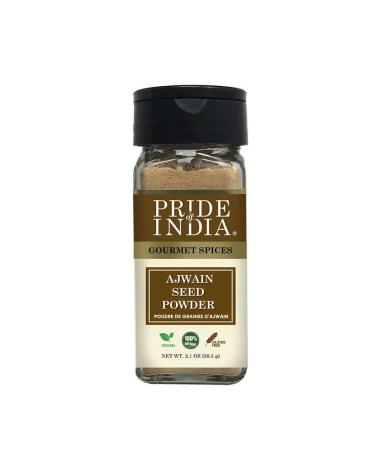 Pride of India Ajwain Seed Powder Gourmet Indian Spice Made from Fresh Carom Seeds Rich in Nutrients Aromatic & Flavorful Easy to Use - 2.1 oz. Small Dual Sifter Bottle