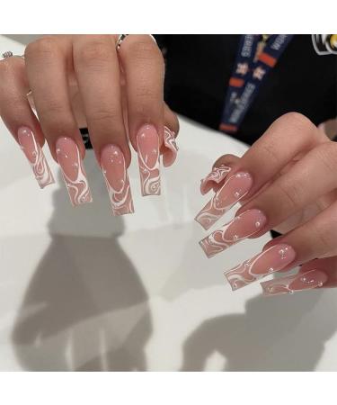 DOCVOEOMH Press on Nails Long Square Pearls Fake Nails False Glue on Nails for Women and Girls 24PCS Long Square Pearl Design B01