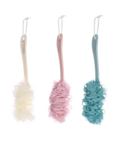 Loofah Back Scrubber For Shower - Long Handle Loofah on a Stick Bath Body Brush Sponge (3 Colors 3 Pack) Pink+white+blue