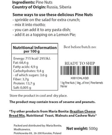 Pine Nuts 500 g (1 x 0.5 kg) | Vegan Source of Iron | Pine Kernels | Keto snack - Buy Online on GoSupps.com