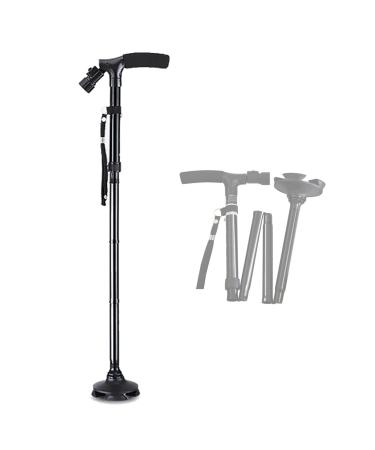 Aluminum Four Legged Walking Crutch-Adjustable Height Anti-Slip Foldable Walking Cane with Led Light Mobility Aid for Elderly Disabled and Physically Impaired (Black) Elegant