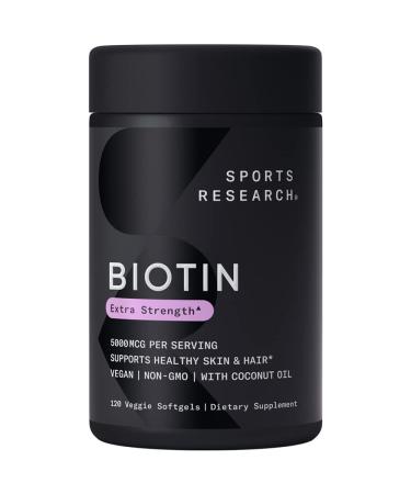 Sports Research Vegan Biotin 5000mcg with Organic Coconut Oil - Extra Strength Biotin Vitamin B7 for Healthier Hair & Skin + Keratin Support - Non-GMO & Gluten Free 120 Softgels (4 Month Supply) 120 Count (Pack of 1)