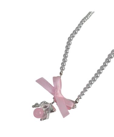 Oralgos Elegant pearl necklace with bow collarbone chain adjustable necklace for wedding party special occasions silver