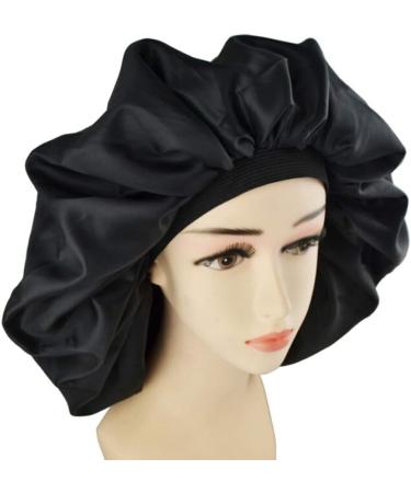 Extra Large Double Rubber Band Nightcap - Stretchy Satin Silk Sleep Cap for Hair Loss and Protection - Black - Buy Online on GoSupps.com