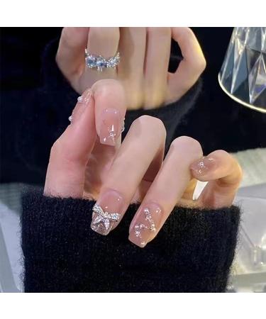 French Tip Press on Nails - Short Square Press On Nails with Nail Tips Light Luxury Sparkling Bow Glitter Rhinestones Design Glossy white press on nails Acrylic False Nails Cute Artificial Nails