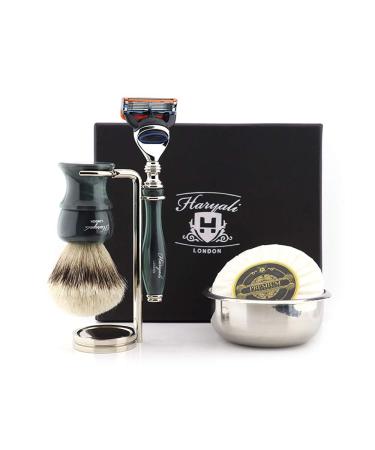 Haryali London Men's Shaving Set with 5 Razors Silver Tip Badger Brush Stand Bowl and Soap