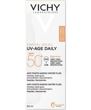 Vichy Capital Soleil UV-Age Daily Anti-Aging Sun Fluid SPF50+ Anti-Wrinkle and Anti-Dark Spot Effect Enriched with Niacinamide Probiotics Peptides and Vichy Volcanic Water 80 ml - Buy Online on GoSupps.com