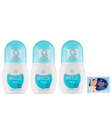 Felce Azzurra Pack of 3 Breeze Roll-On Neutral Air Fresheners 50ml + 1 free pack of Blue Fern Talcum Powder 100g envelope