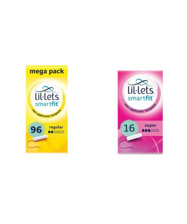 Lil-Lets Non-Applicator Regular Tampons X 96 | 6 Packs of 16 | Light to Medium Flow & Smartfit 16 Non-Applicator Tampons Super 16 Count (Pack of 1) + Tampons Super 16 Count