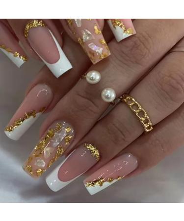 Medium Square Press on Nails Gold Foil Fake Nails French Tip False Nails with Golden Glue on Nails Glitter Acrylic Nails White Tip Press Ons Stick on Nails for Women Manicure Art 24 Pcs Style20