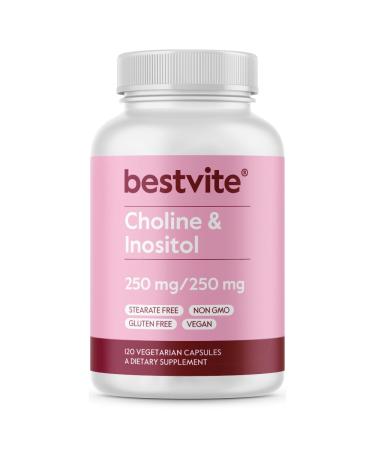 BESTVITE Choline Inositol 500mg (120 Vegetarian Capsules) - No Stearates - No Fillers - No Dicalcium Phosphate - Vegan - Non GMO - Gluten Free 120 Count (Pack of 1)