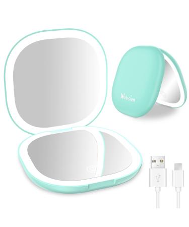 wobsion Travel Mirror with Light  Rechargeable 1x/10x Compact Magnifying Mirror  Dimmable Pocket Mirror Handheld Double Mirror with Light 3.5 inch Travel Size Portable for Handbag Purse Gift Cyan