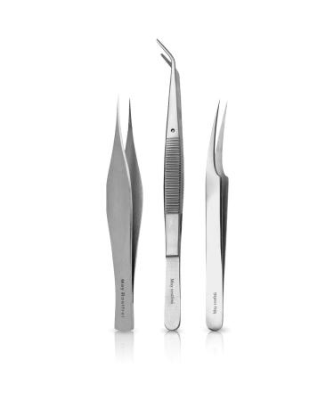May - Set - Universal and first aid tweezers - splinter tweezers - long tick tweezers with fixing pin - 3-piece - stainless steel