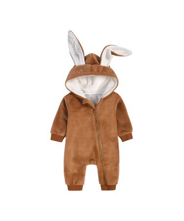 Kids Tales Newborn Baby Winter Warm Outfits Cute Rabbit Ear Hooded Zipper Romper 6-9 Months Thick Fleece 02