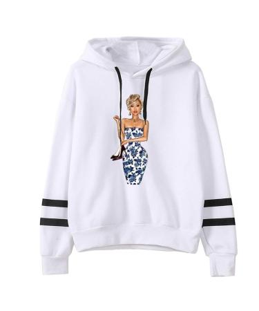 Bigfanshu Woman Code Letter Printing Stripe Round Collar Long Sleeves Sweater Tops White