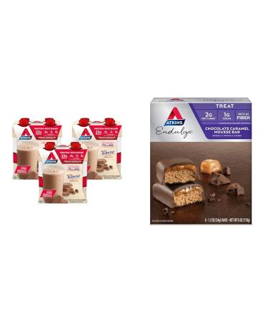 Atkins Creamy Chocolate Protein Shake 23g Protein 12 Count + Atkins Chocolate Caramel Mousse Bar 1g Sugar High Fiber 5 Count