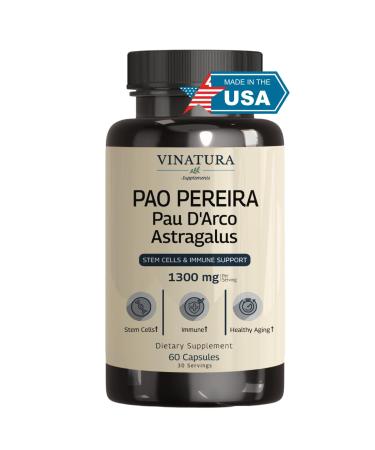 VINATURA Pao Pereira + PAU D'Arco, Astragalus - 1300MG Serving, USA Made & Tested, Stem Cells and Immune Support, 60 Capsules