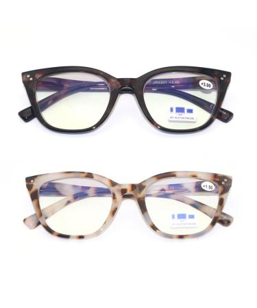 Cat Eye Reading Glasses Ladies Fashion Readers with Blue Light Blocking for Women 2 Pairs +1.25 Milky Black Tortoise+milky Brown Tortoise 1.25 X