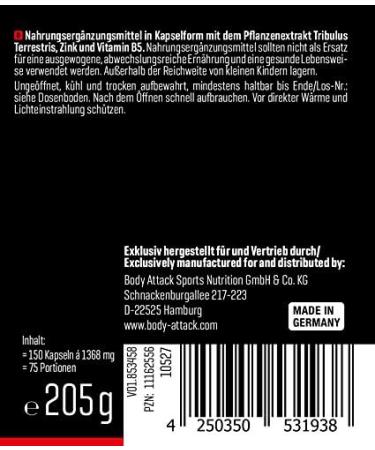 Body Attack Tribulus Extract - 150 Capsules | High-Dose 1600mg Tribulus Terrestris with B5 & Zinc | Made in Germany for Athletes - Buy Online on GoSupps.com