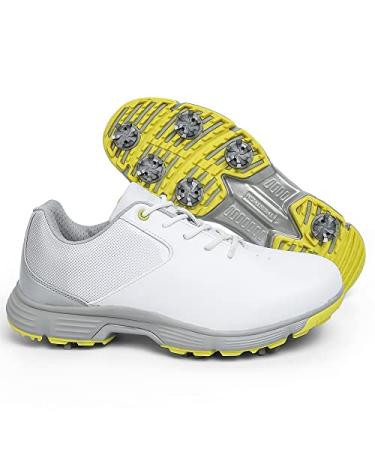 Waterproof Golf Shoes for Men Spikeless Outdoor Golf Sport Training Sneakers Classic Mens Golf Trainers Size 13 14  7 White Grey-spikes