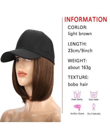 Iluu Light Brown Short Straight Bob Wig with Hat | 9 Short Art Hair Extensions & Adjustable Black Baseball Cap for Women Bobo 23cm - Buy Online on GoSupps.com