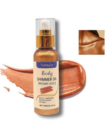 Shimmer Body Oil Golden Brown Long Lasting Shimmer Body Oil Body Highlighter Shimmer Makeup Face Body Glow Shimmer for Women 3.4 Fl Oz (Golden Brown 3.4oz) Golden Brown 3.4 Ounce
