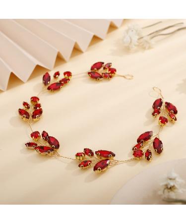 Teyglen Crystal Bride Wedding Headband Hair Vine Bridal Red Rhinestones Headband Handmade Hair Pieces Wedding Hair Accessories for Brides Vintage Headpieces for Women Girl (Red)