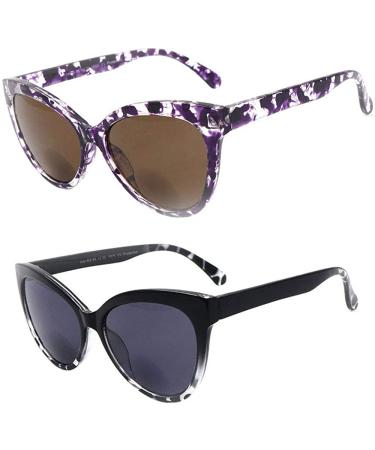HYKaada 2 Pairs Invisible Line Cateye Bifocal Reading Sunglasses for Women - 1 Smoke & 1 Brown Lens, 2.5x - Buy Online on GoSupps.com