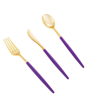 LLSF 90 PCS Gold Plastic Silverware-Gold Plastic Cutlery with Purple Handle-Heavyweight Disposable Flatware-Gold Plastic Utensils Set Include 30 Forks, 30 Spoons, 30 Knives TL02